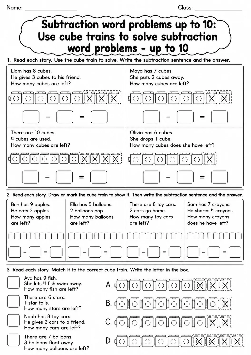 Grade 1 Subtraction Word Problems up to 10 Math Worksheet Pack page 3 printable worksheet preview