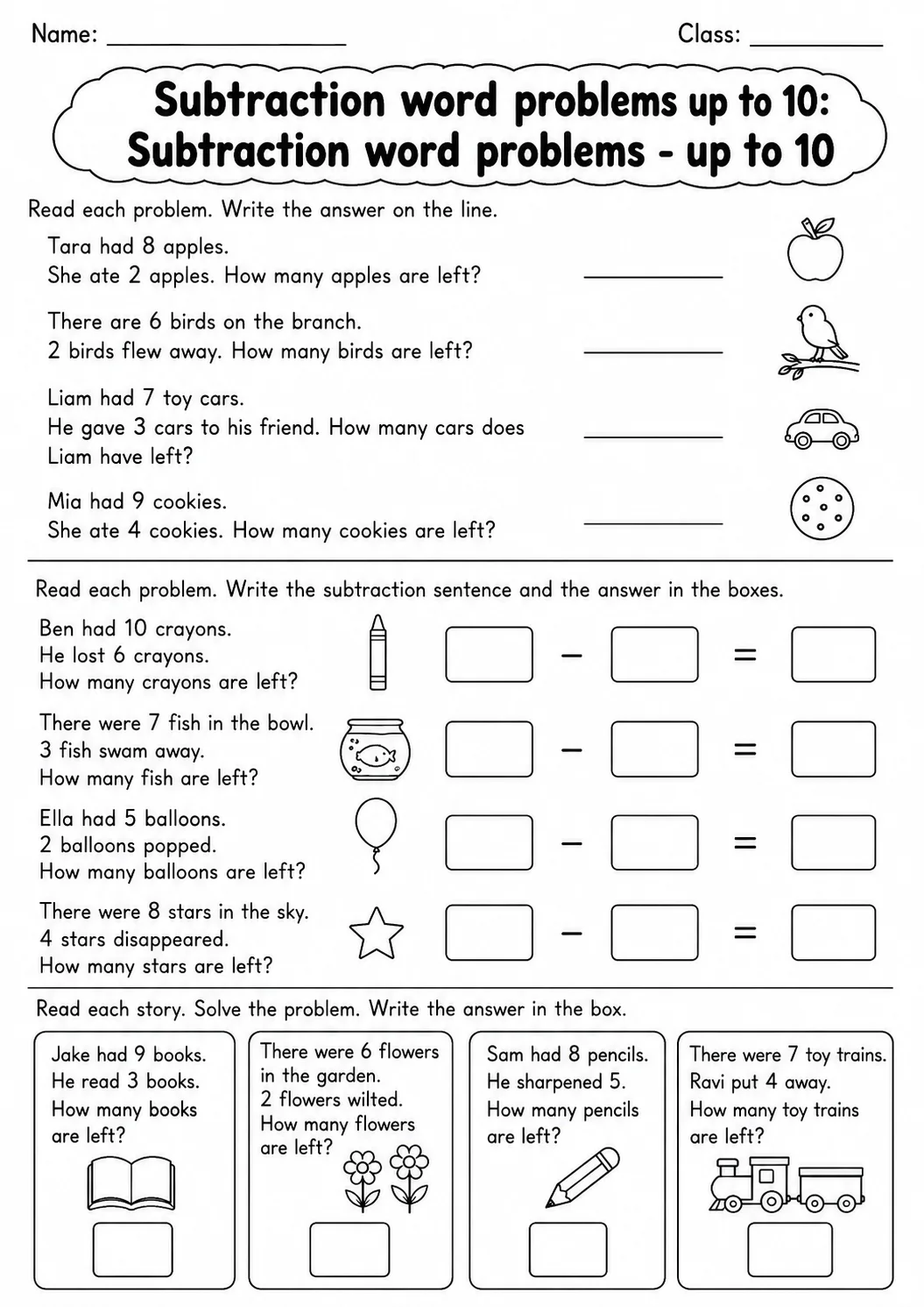 Grade 1 Subtraction Word Problems up to 10 Math Worksheet Pack page 4 printable worksheet preview