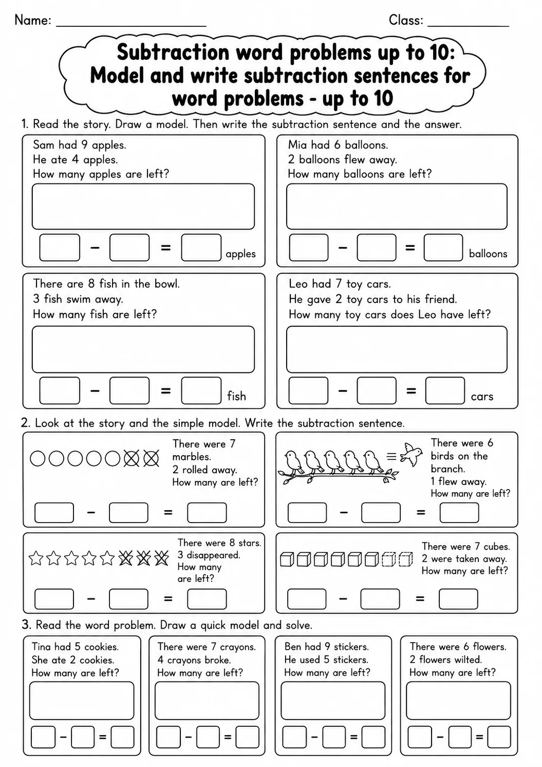 Grade 1 Subtraction Word Problems up to 10 Math Worksheet Pack page 5 printable worksheet preview