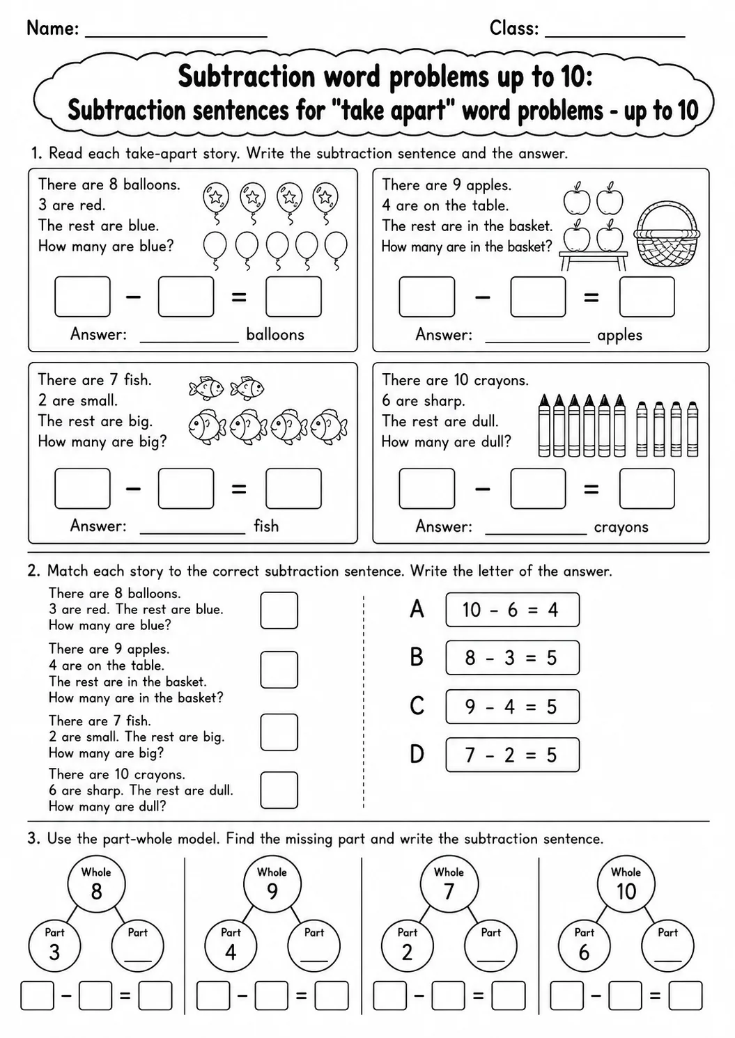 Grade 1 Subtraction Word Problems up to 10 Math Worksheet Pack page 6 printable worksheet preview