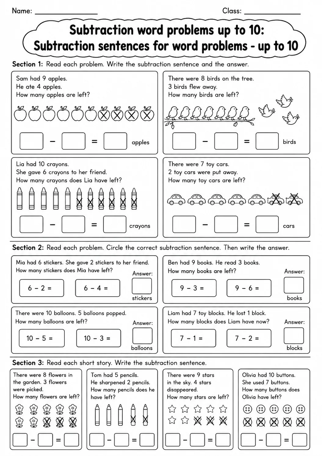 Grade 1 Subtraction Word Problems up to 10 Math Worksheet Pack page 7 printable worksheet preview