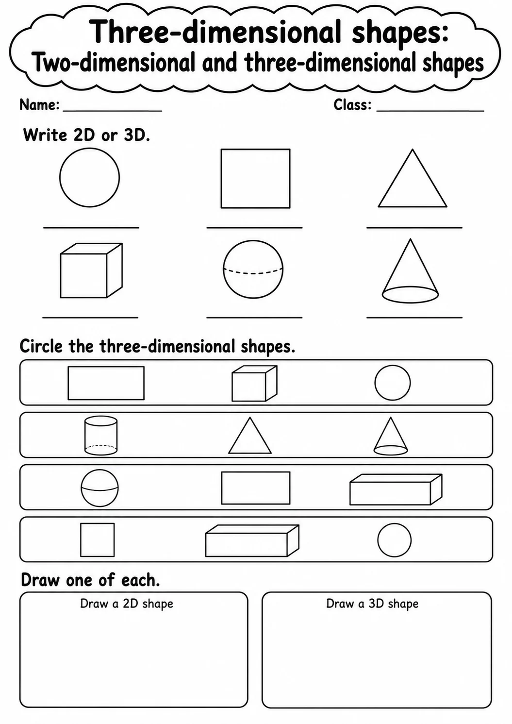 Grade 1 Three Dimensional Shapes Math Worksheet Pack printable worksheet pack preview