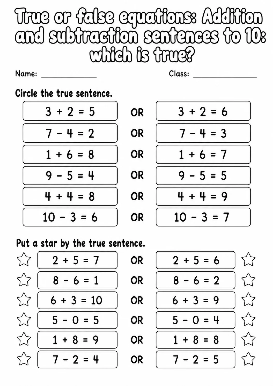 Grade 1 True Or False Equations Math Worksheet Pack printable worksheet pack preview
