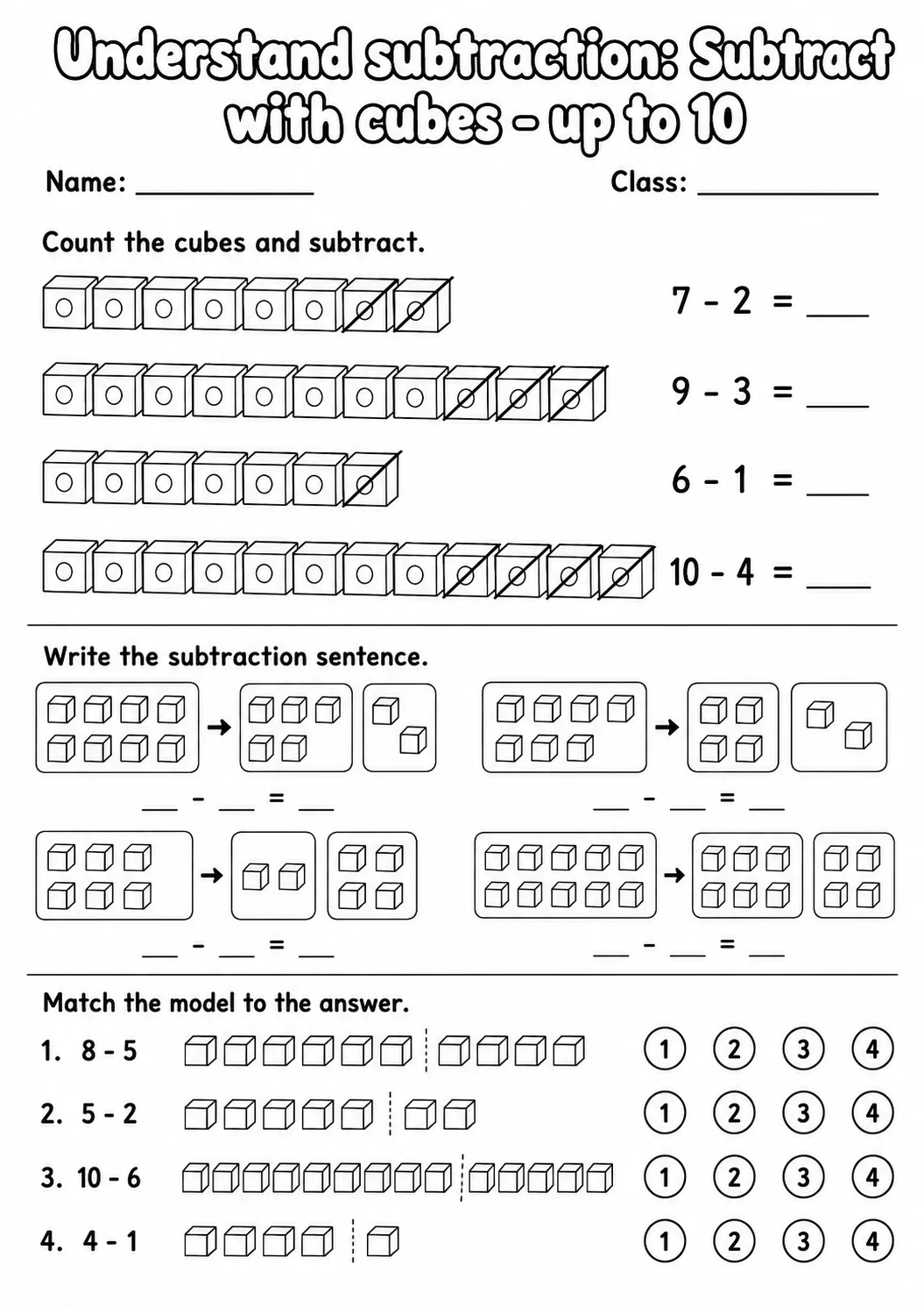 Grade 1 Understand Subtraction Math Worksheet Pack printable worksheet pack preview