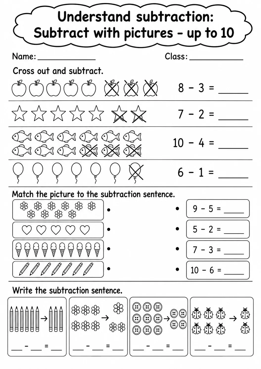 Grade 1 Understand Subtraction Math Worksheet Pack page 2 printable worksheet preview