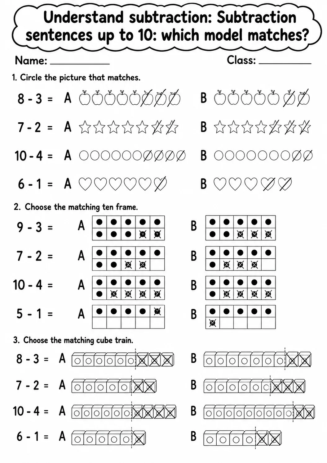 Grade 1 Understand Subtraction Math Worksheet Pack page 3 printable worksheet preview