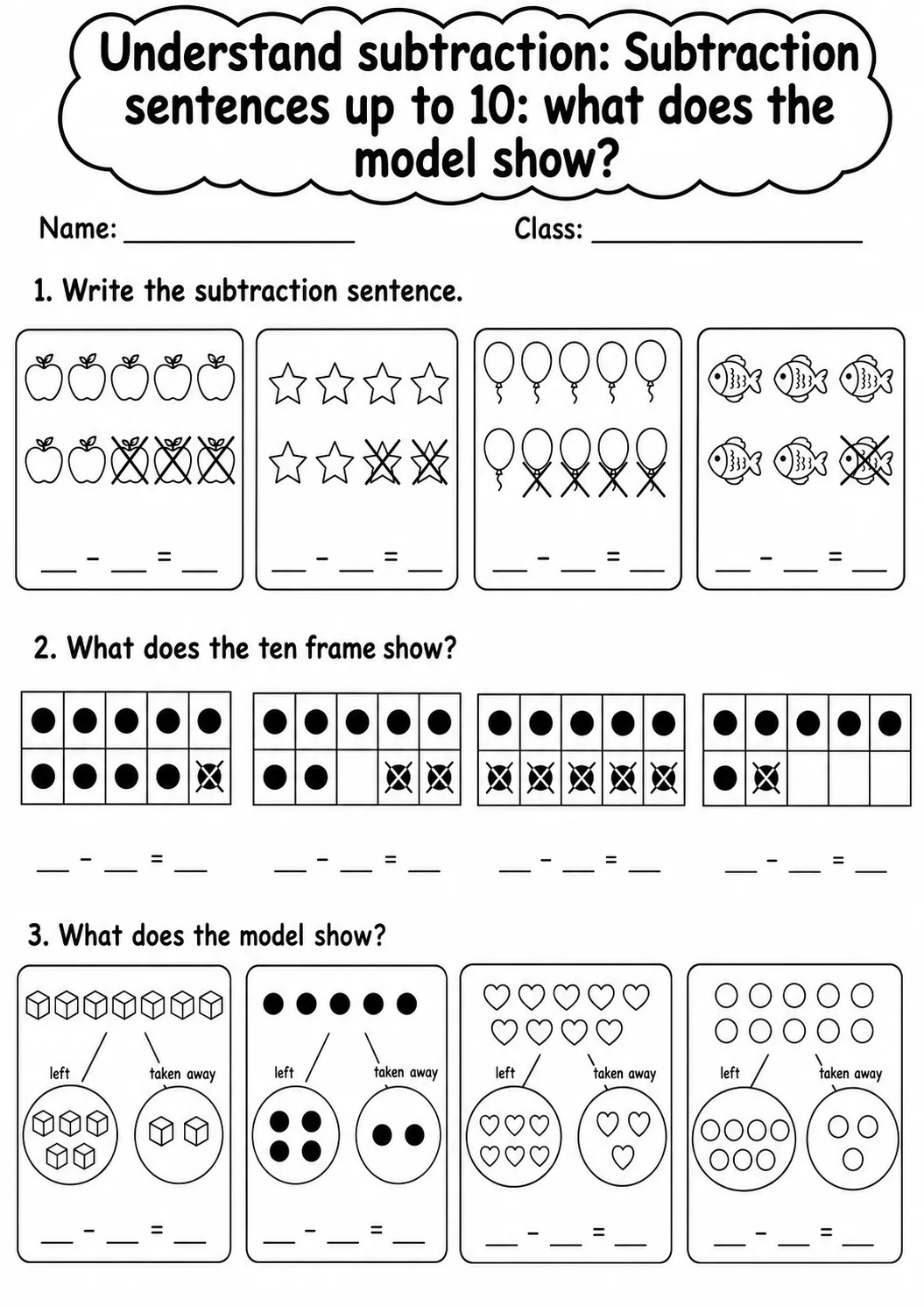 Grade 1 Understand Subtraction Math Worksheet Pack page 4 printable worksheet preview