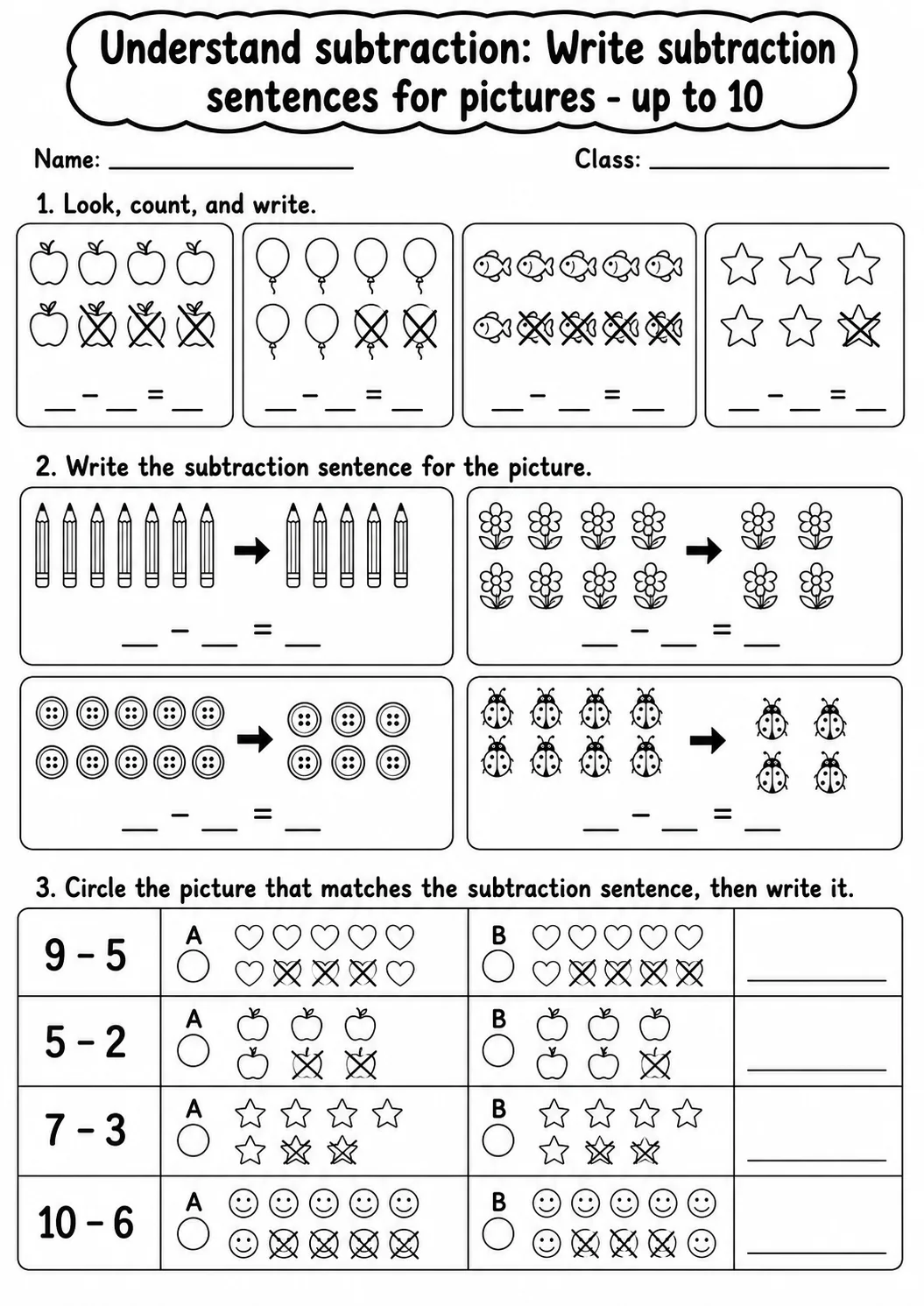 Grade 1 Understand Subtraction Math Worksheet Pack page 6 printable worksheet preview