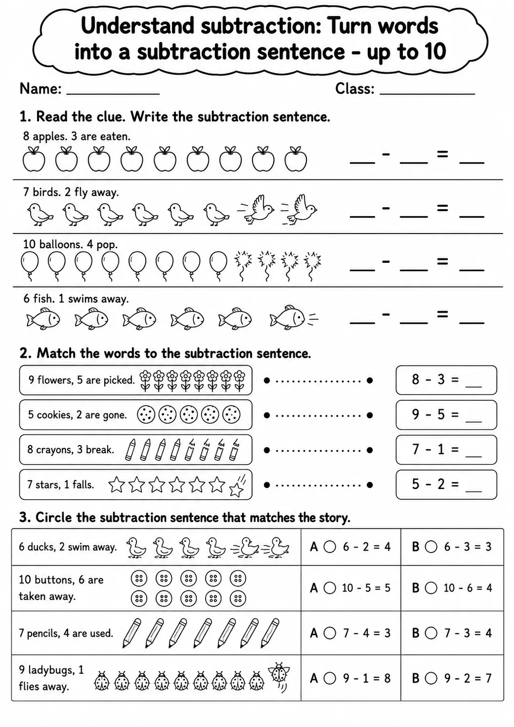 Grade 1 Understand Subtraction Math Worksheet Pack page 8 printable worksheet preview