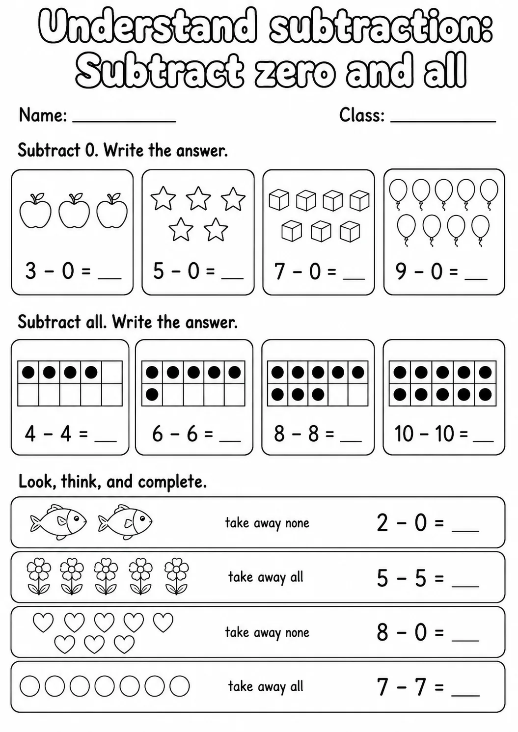 Grade 1 Understand Subtraction Math Worksheet Pack page 9 printable worksheet preview