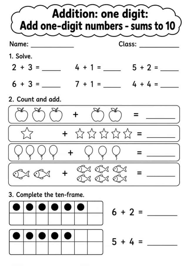 Grade 2 Addition: One Digit Math Worksheet Pack