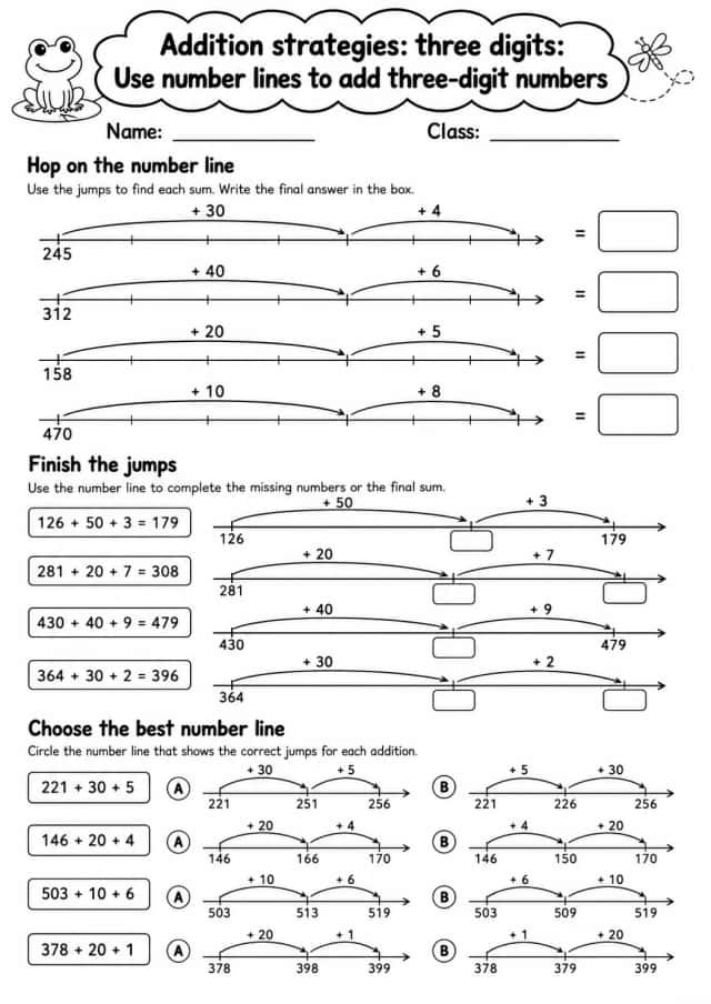 Grade 2 Addition Strategies: Three Digits Math Worksheet Pack