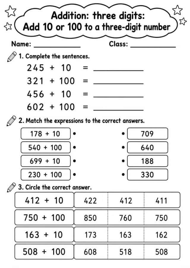 Grade 2 Addition: Three Digits Math Worksheet Pack