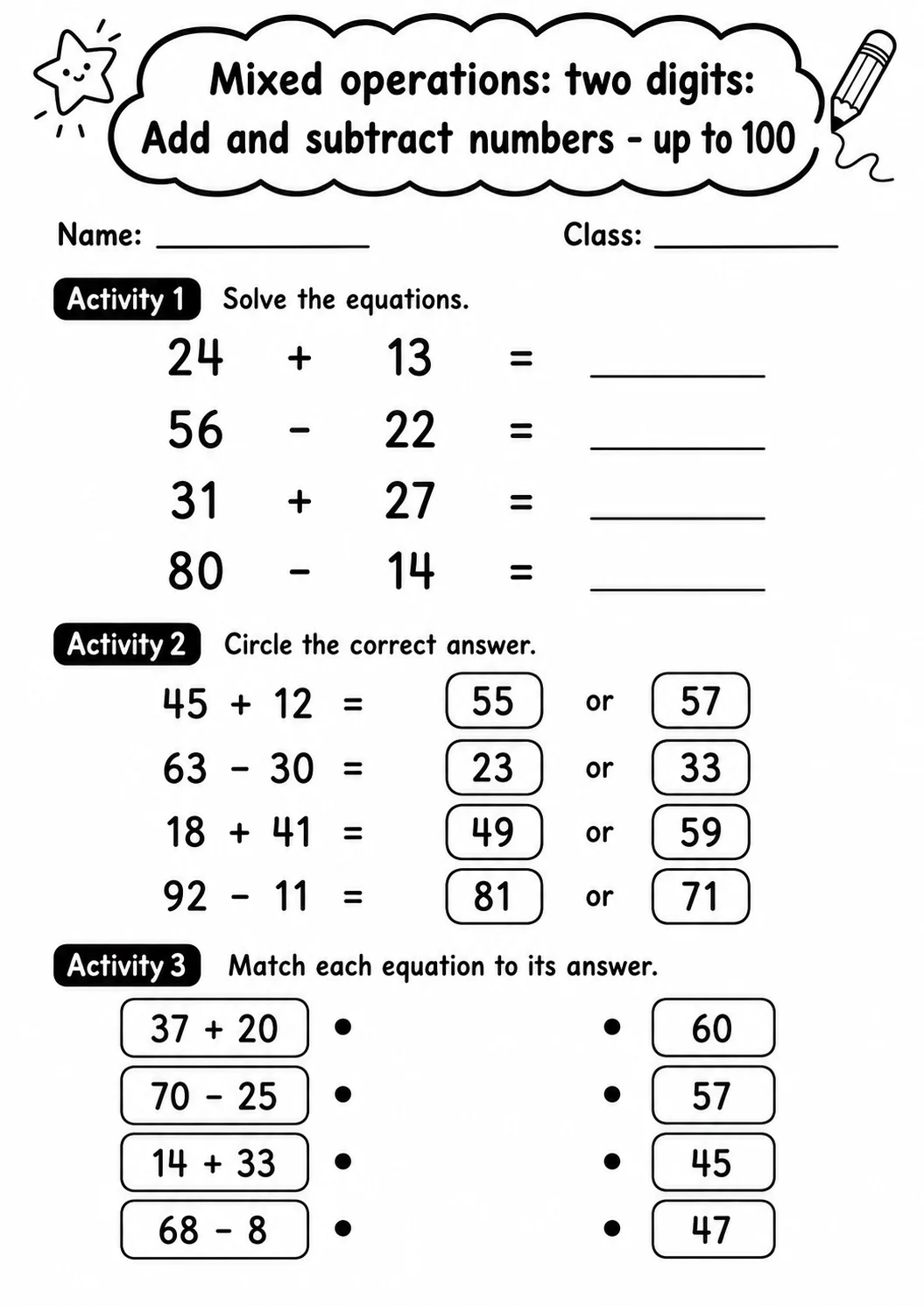 Grade 2 Mixed Operations: Two Digits Math Worksheet Pack printable worksheet pack preview
