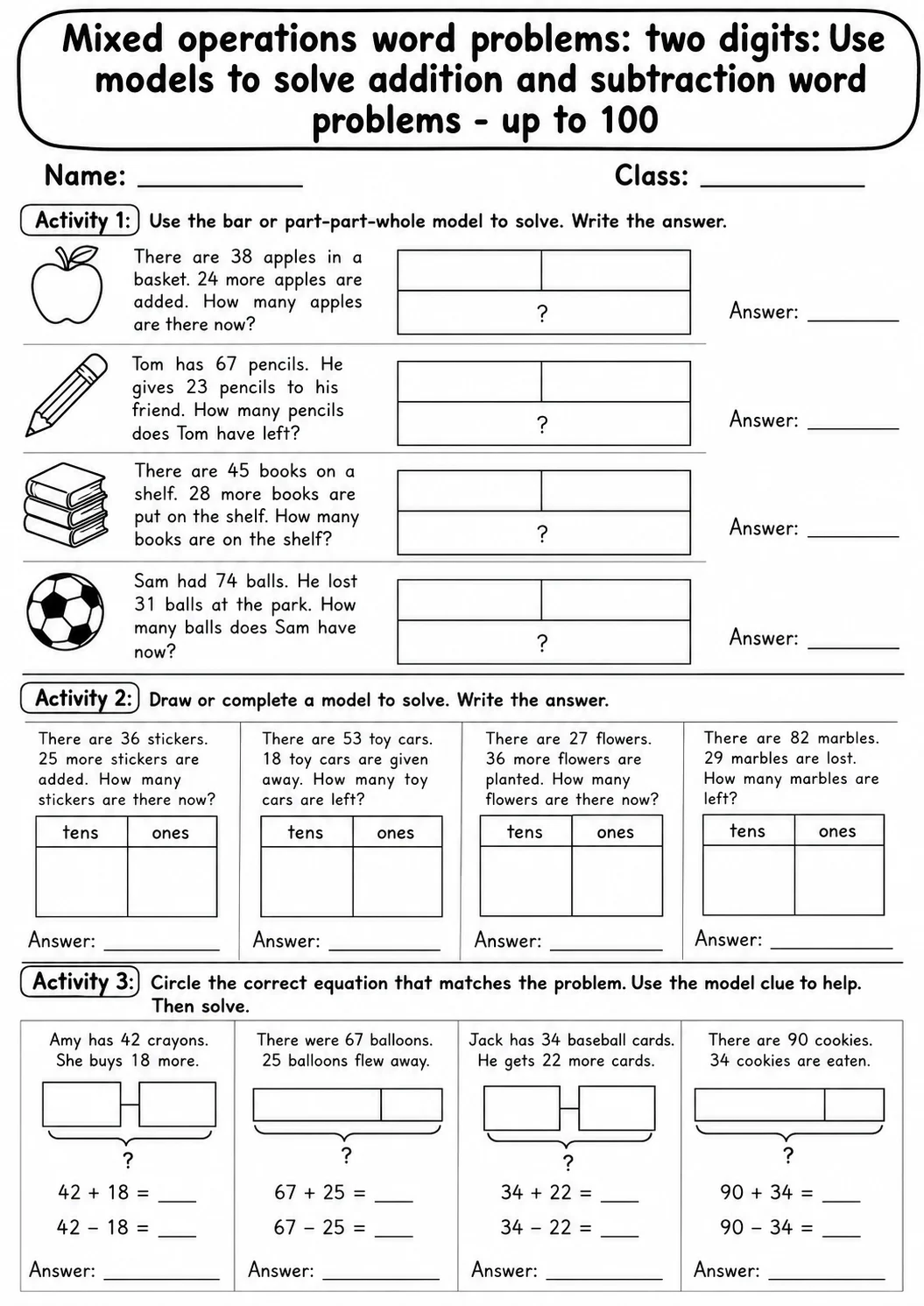 Grade 2 Mixed Operations Word Problems: Two Digits Math Worksheet Pack printable worksheet pack preview