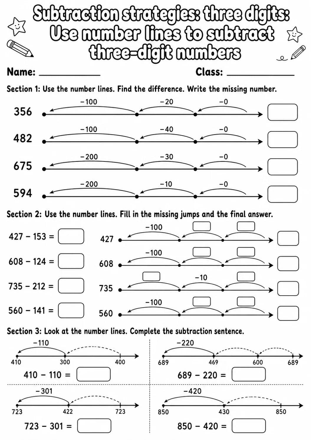 Grade 2 Subtraction Strategies: Three Digits Math Worksheet Pack printable worksheet pack preview