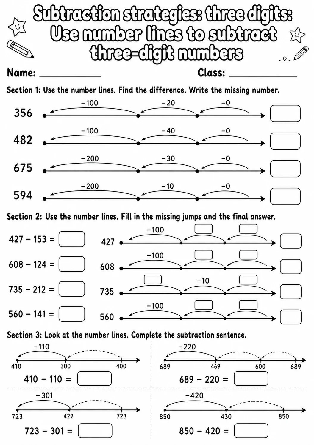 Grade 2 Subtraction Strategies: Three Digits Math Worksheet Pack printable worksheet pack preview