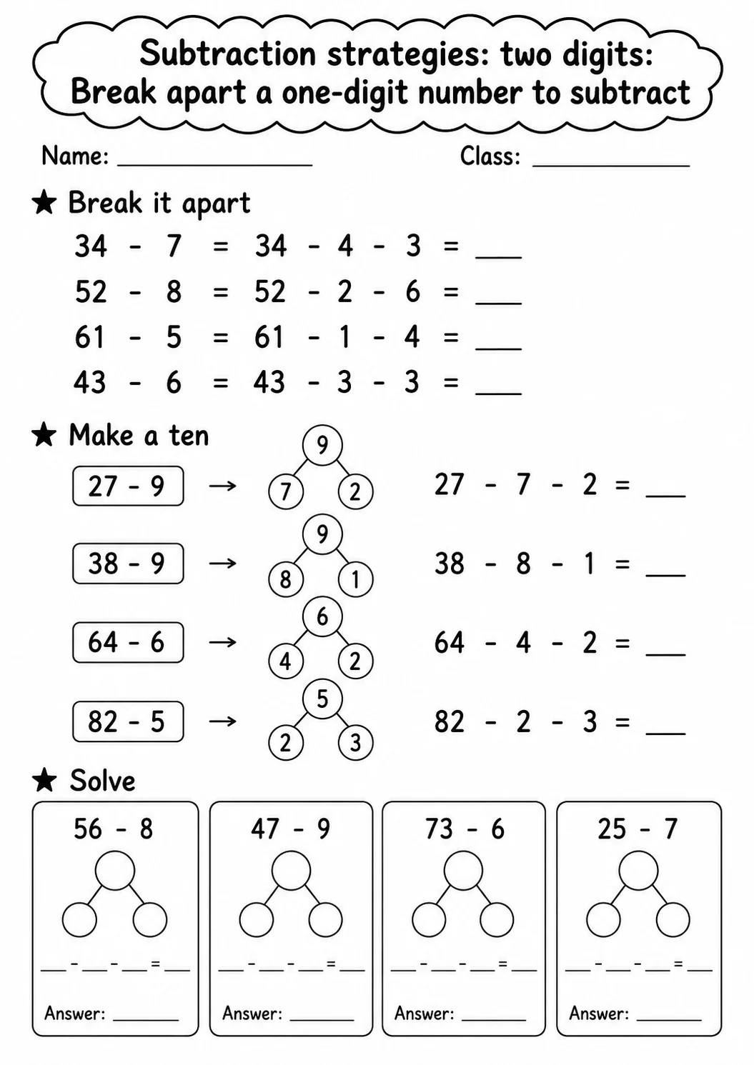 Grade 2 Subtraction Strategies: Two Digits Math Worksheet Pack printable worksheet pack preview