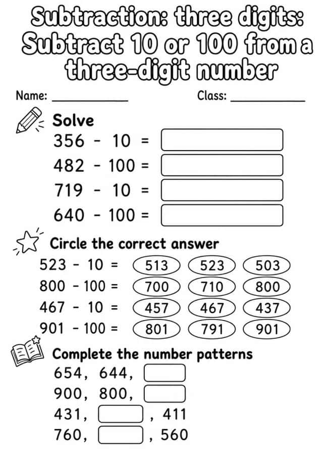 Grade 2 Subtraction: Three Digits Math Worksheet Pack