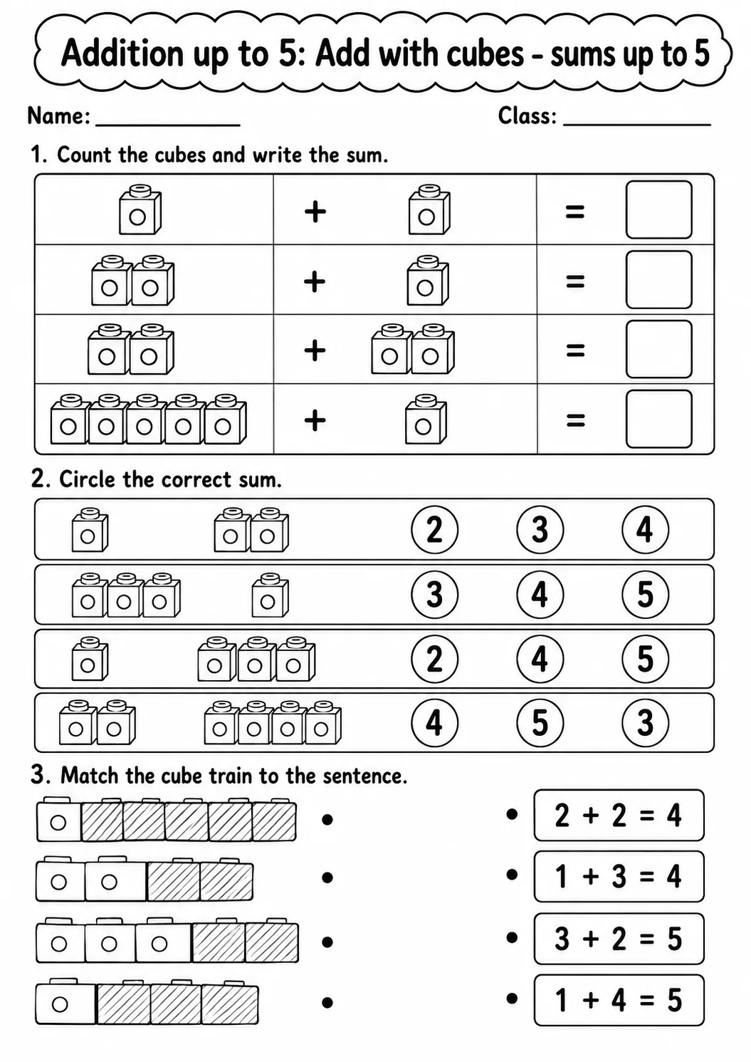 Kindergarten Addition up to 5 Math Worksheet Pack printable worksheet pack preview