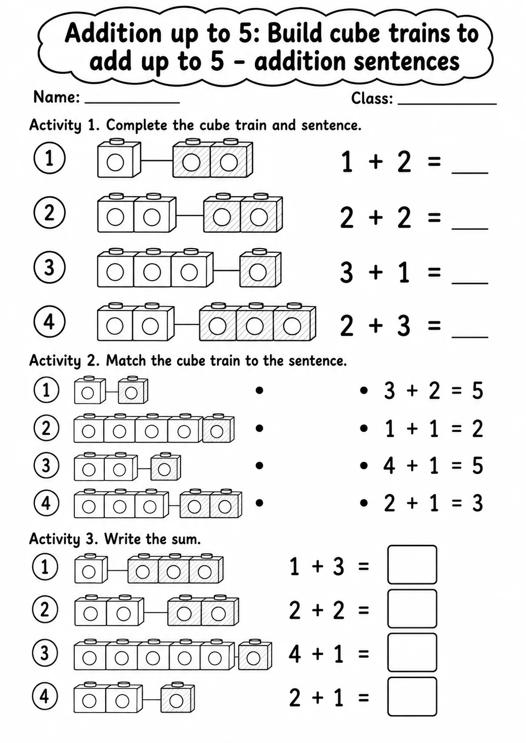 Kindergarten Addition up to 5 Math Worksheet Pack page 2 printable worksheet preview