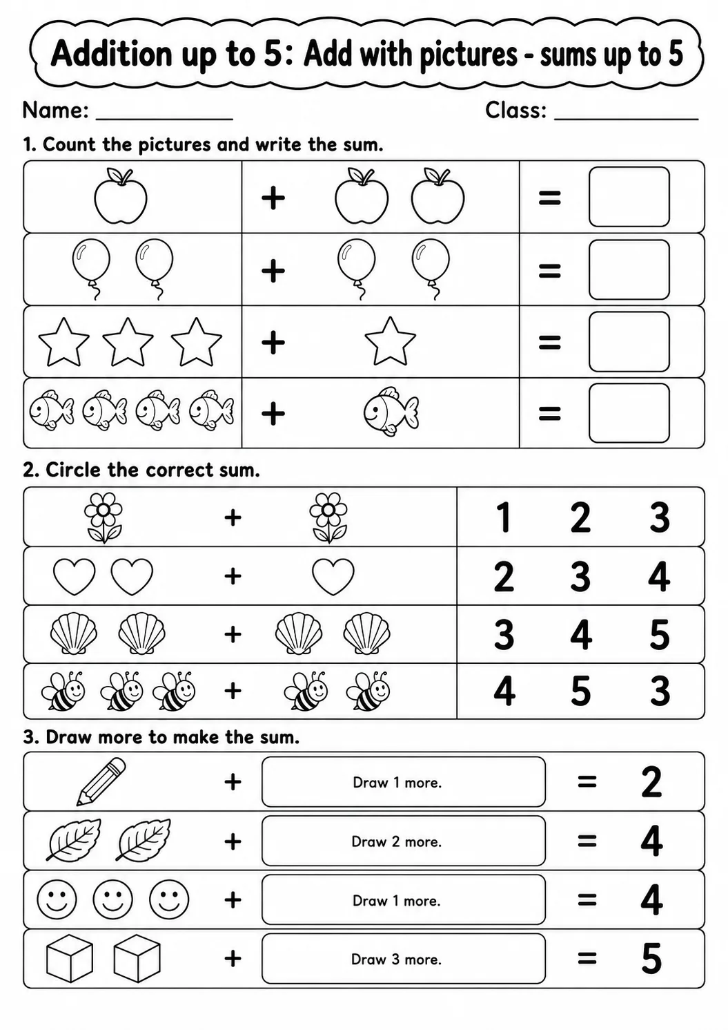 Kindergarten Addition up to 5 Math Worksheet Pack page 3 printable worksheet preview