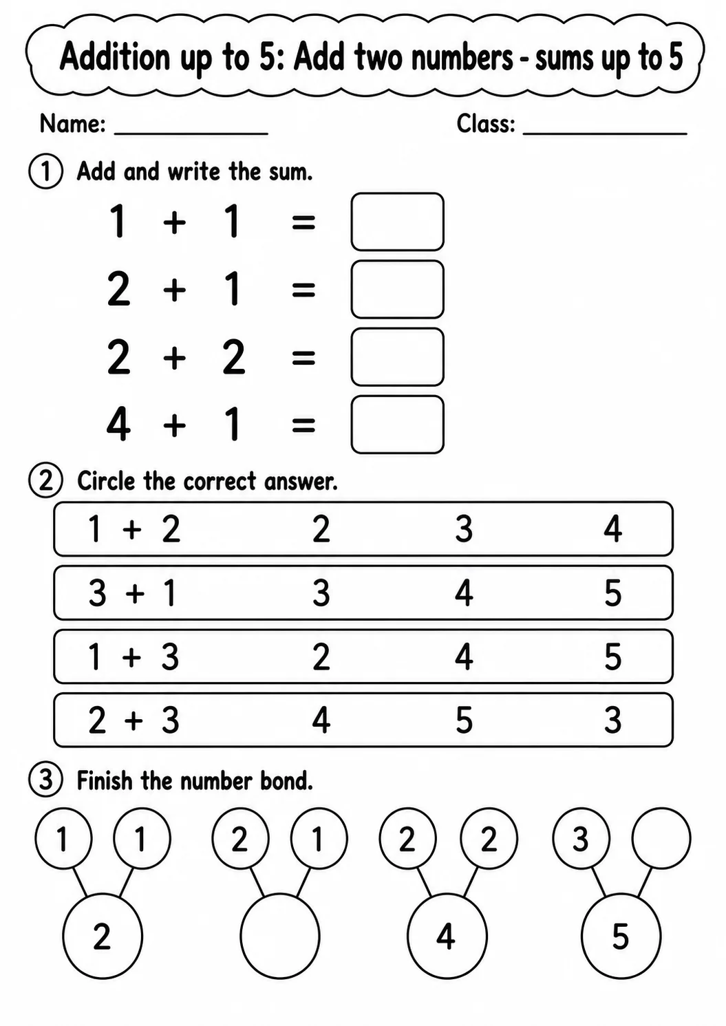 Kindergarten Addition up to 5 Math Worksheet Pack page 4 printable worksheet preview