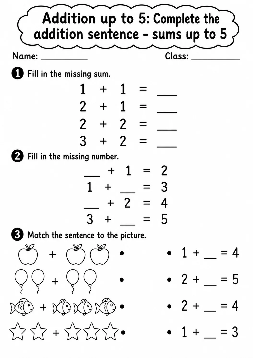 Kindergarten Addition up to 5 Math Worksheet Pack page 5 printable worksheet preview