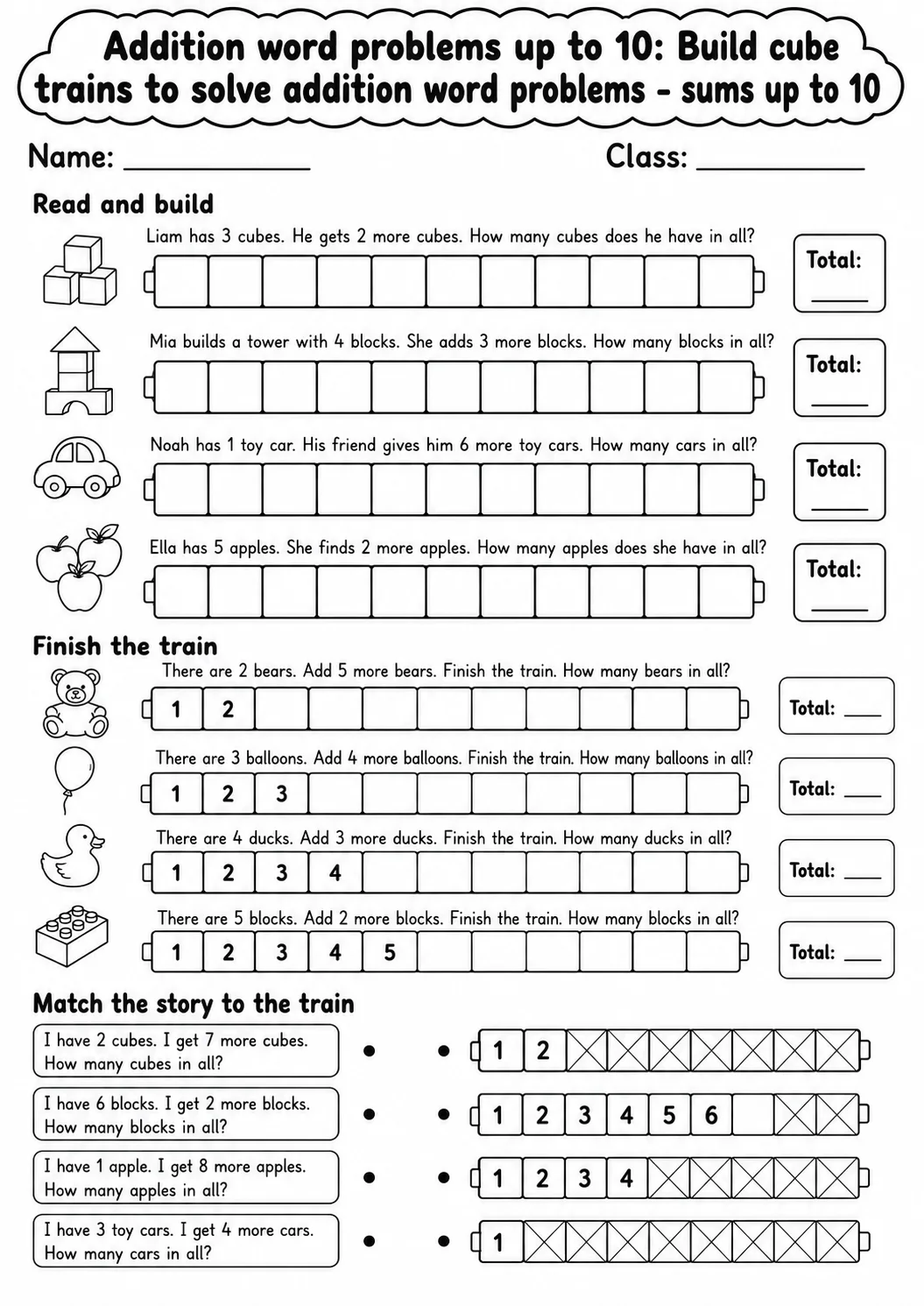 Kindergarten Addition Word Problems up to 10 Math Worksheet Pack printable worksheet pack preview