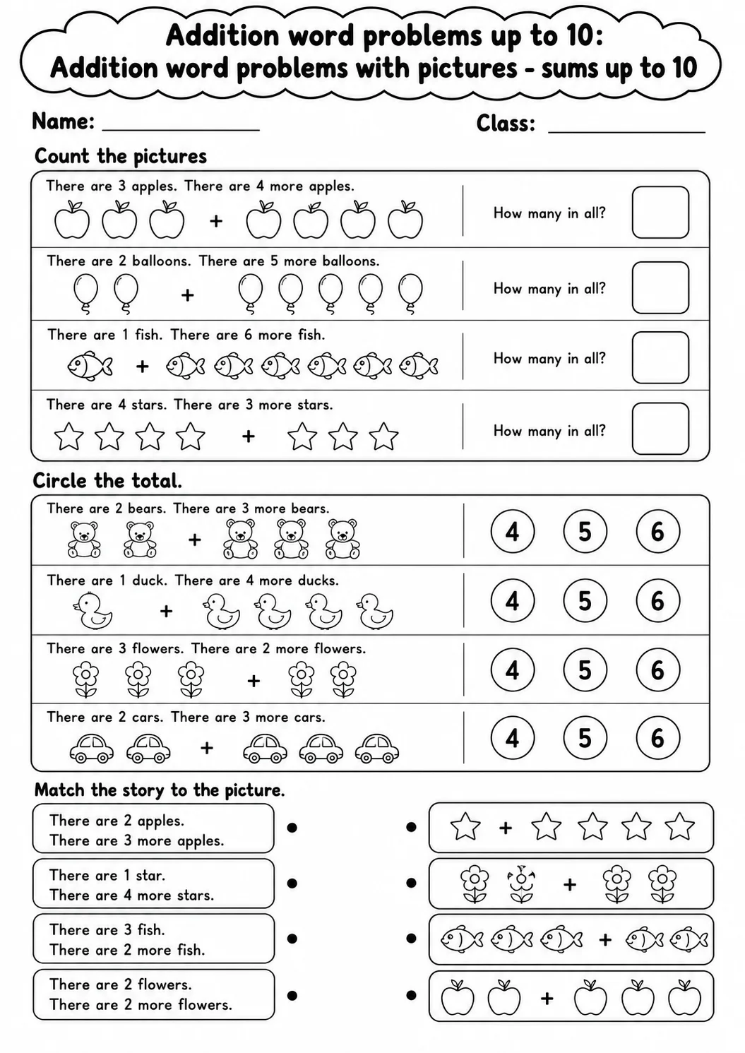 Kindergarten Addition Word Problems up to 10 Math Worksheet Pack page 2 printable worksheet preview