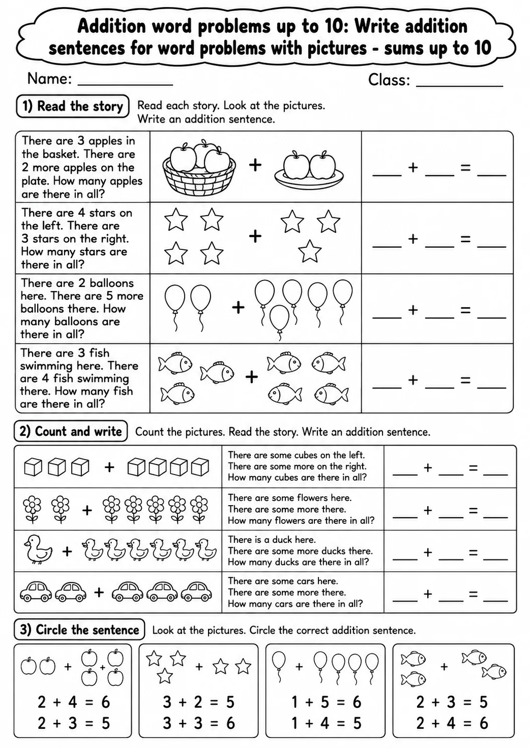 Kindergarten Addition Word Problems up to 10 Math Worksheet Pack page 3 printable worksheet preview