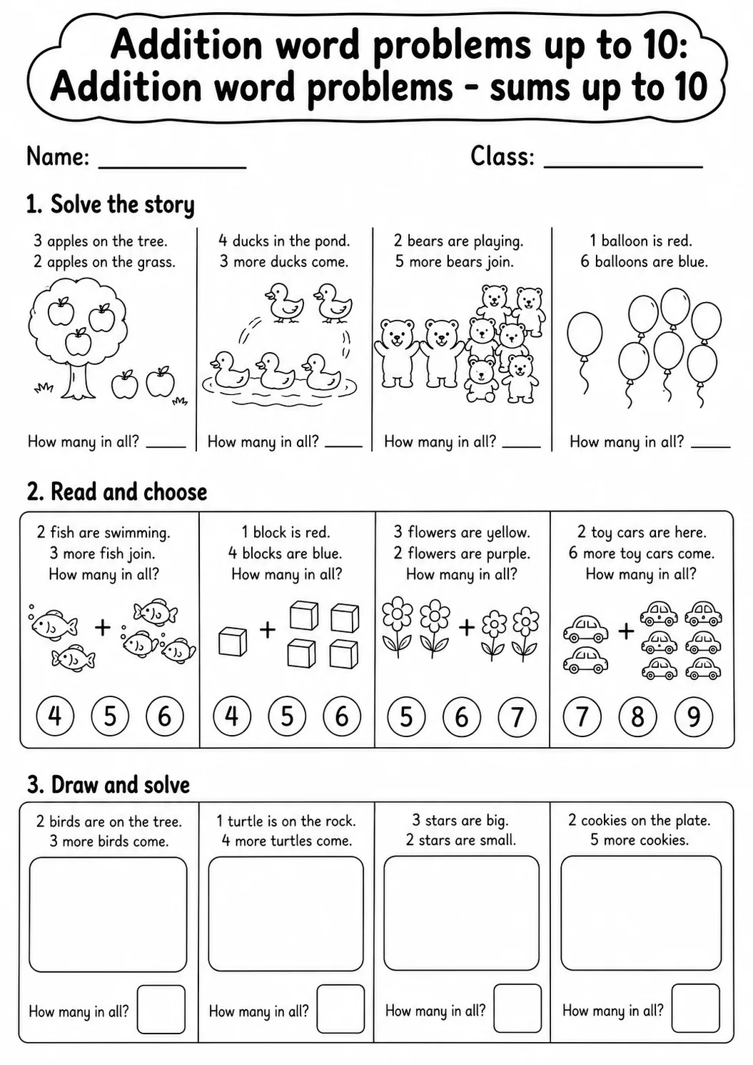 Kindergarten Addition Word Problems up to 10 Math Worksheet Pack page 4 printable worksheet preview