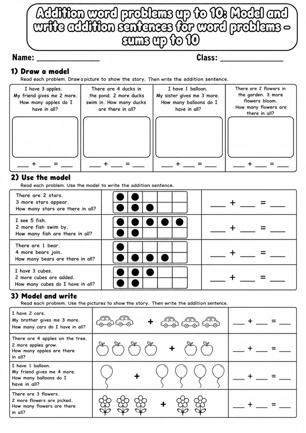 Kindergarten Addition Word Problems up to 10 Math Worksheet Pack page 5 printable worksheet preview