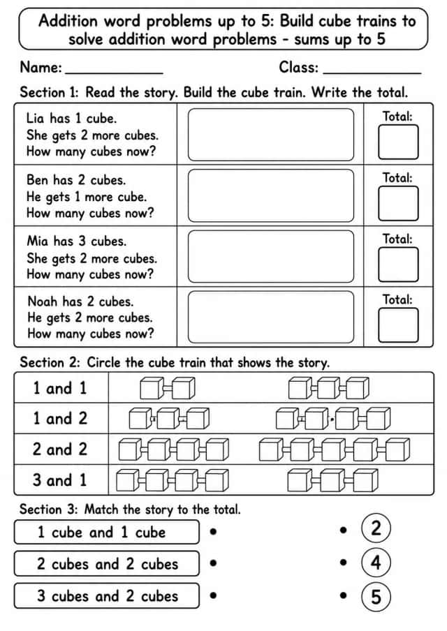 Kindergarten Addition Word Problems up to 5 Math Worksheet Pack
