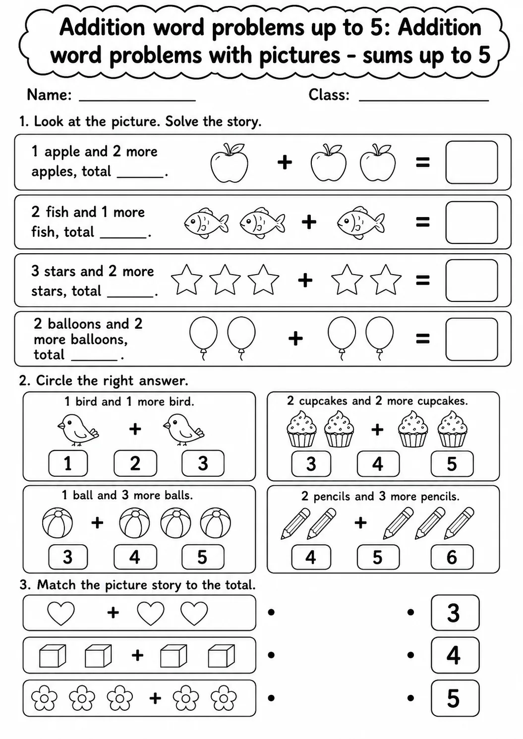Kindergarten Addition Word Problems up to 5 Math Worksheet Pack page 2 printable worksheet preview