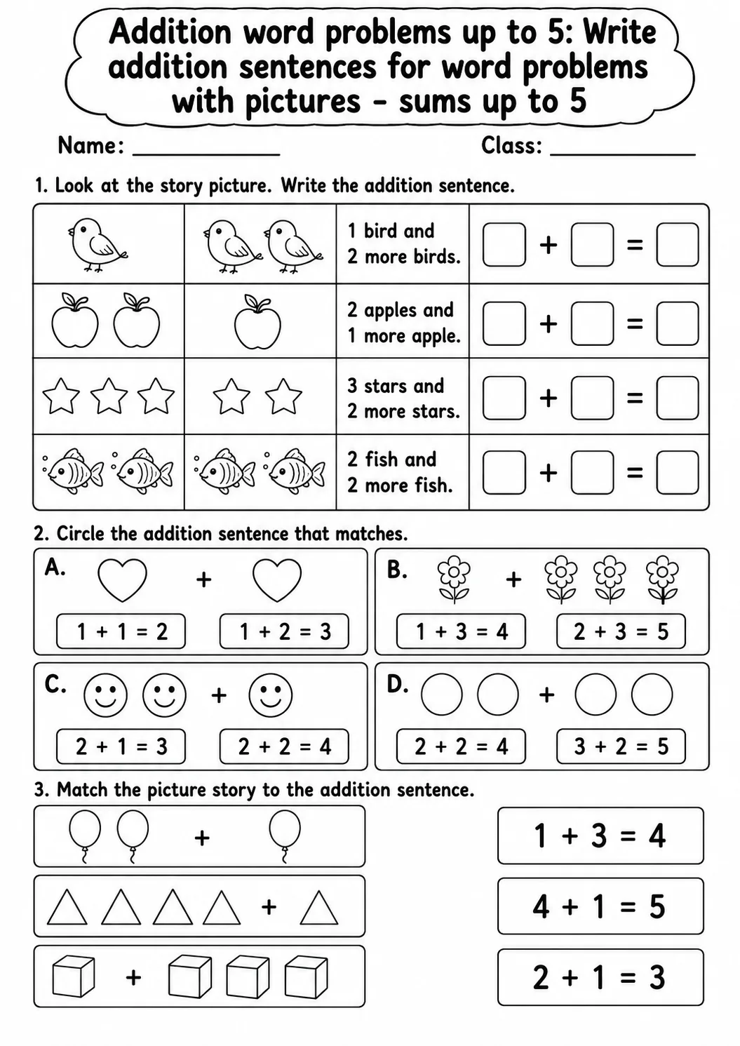 Kindergarten Addition Word Problems up to 5 Math Worksheet Pack page 3 printable worksheet preview