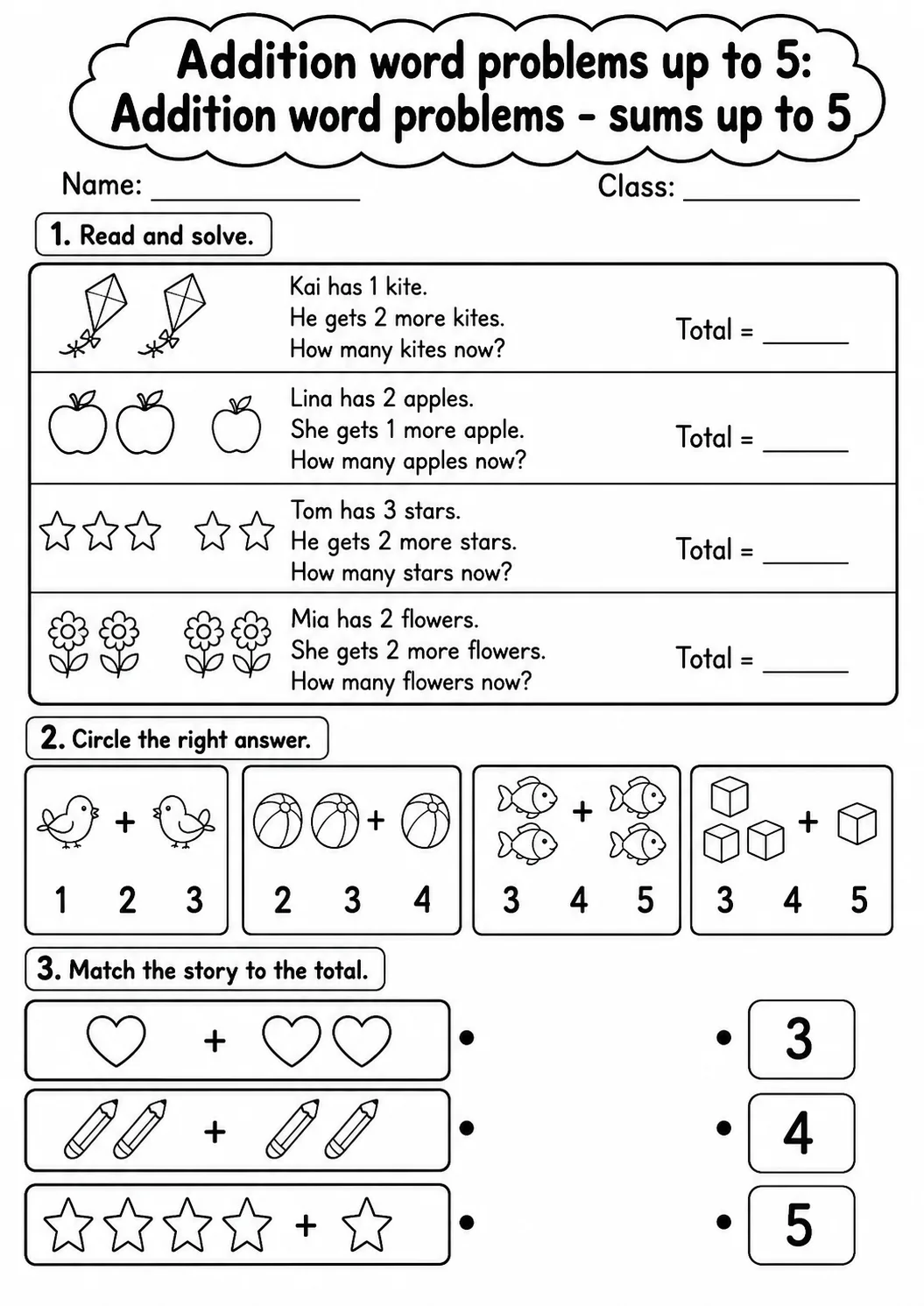 Kindergarten Addition Word Problems up to 5 Math Worksheet Pack page 4 printable worksheet preview