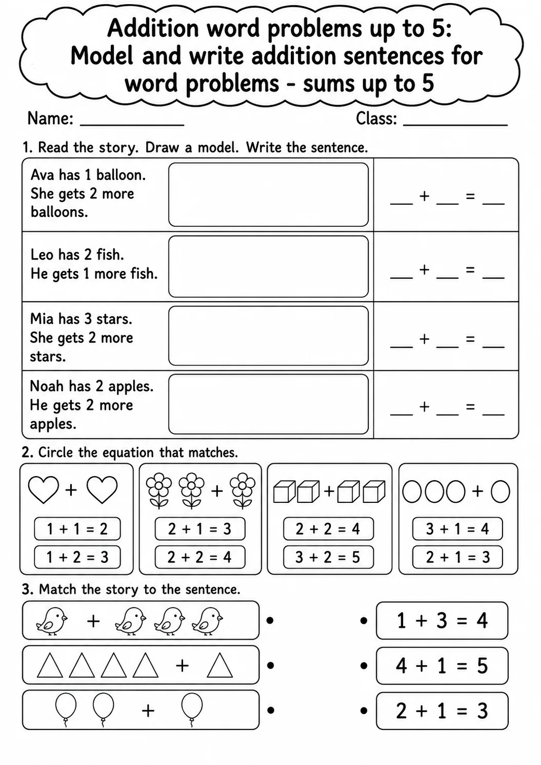 Kindergarten Addition Word Problems up to 5 Math Worksheet Pack page 5 printable worksheet preview