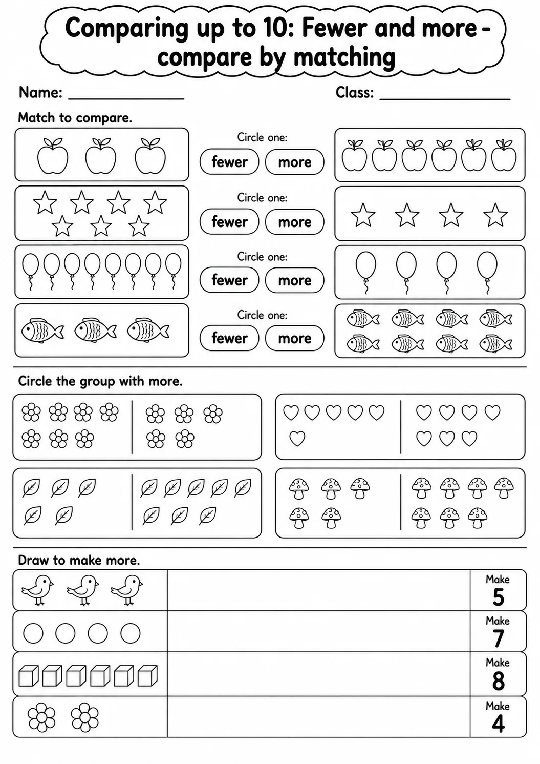 Kindergarten Comparing up to 10 Math Worksheet Pack printable worksheet pack preview