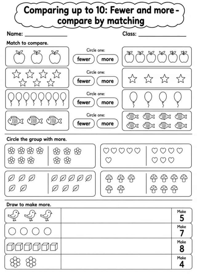 Kindergarten Comparing up to 10 Math Worksheet Pack