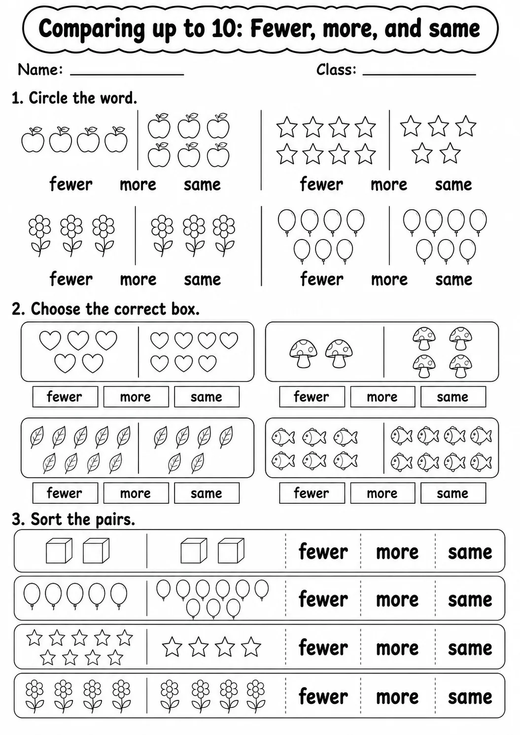 Kindergarten Comparing up to 10 Math Worksheet Pack page 2 printable worksheet preview