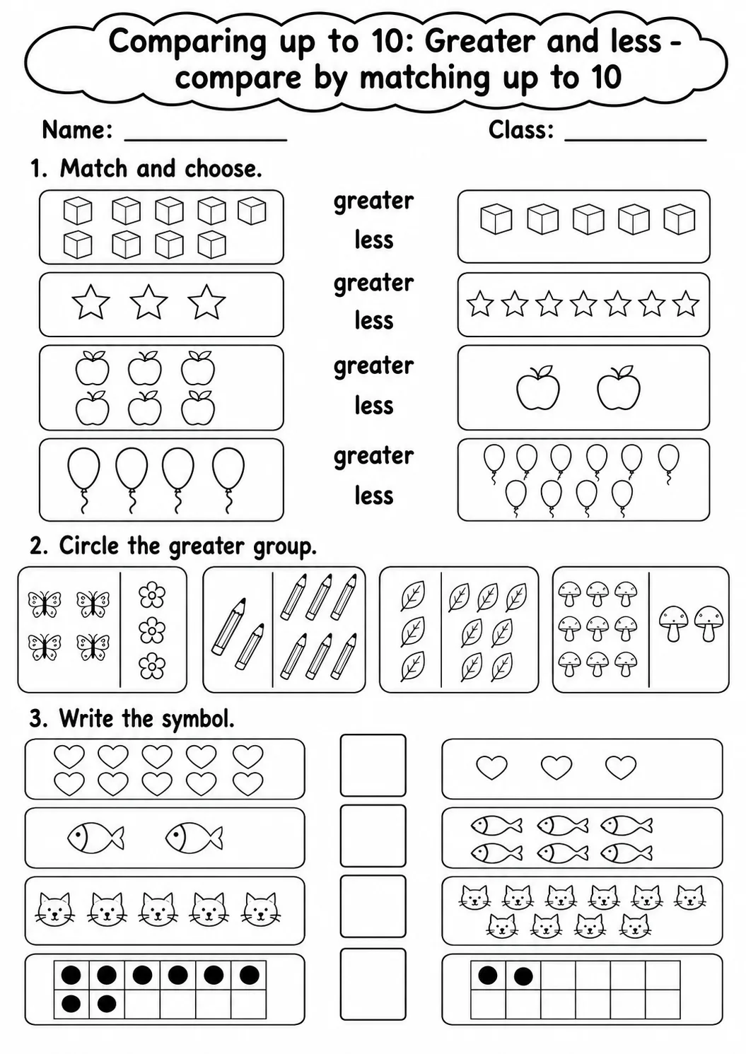 Kindergarten Comparing up to 10 Math Worksheet Pack page 3 printable worksheet preview