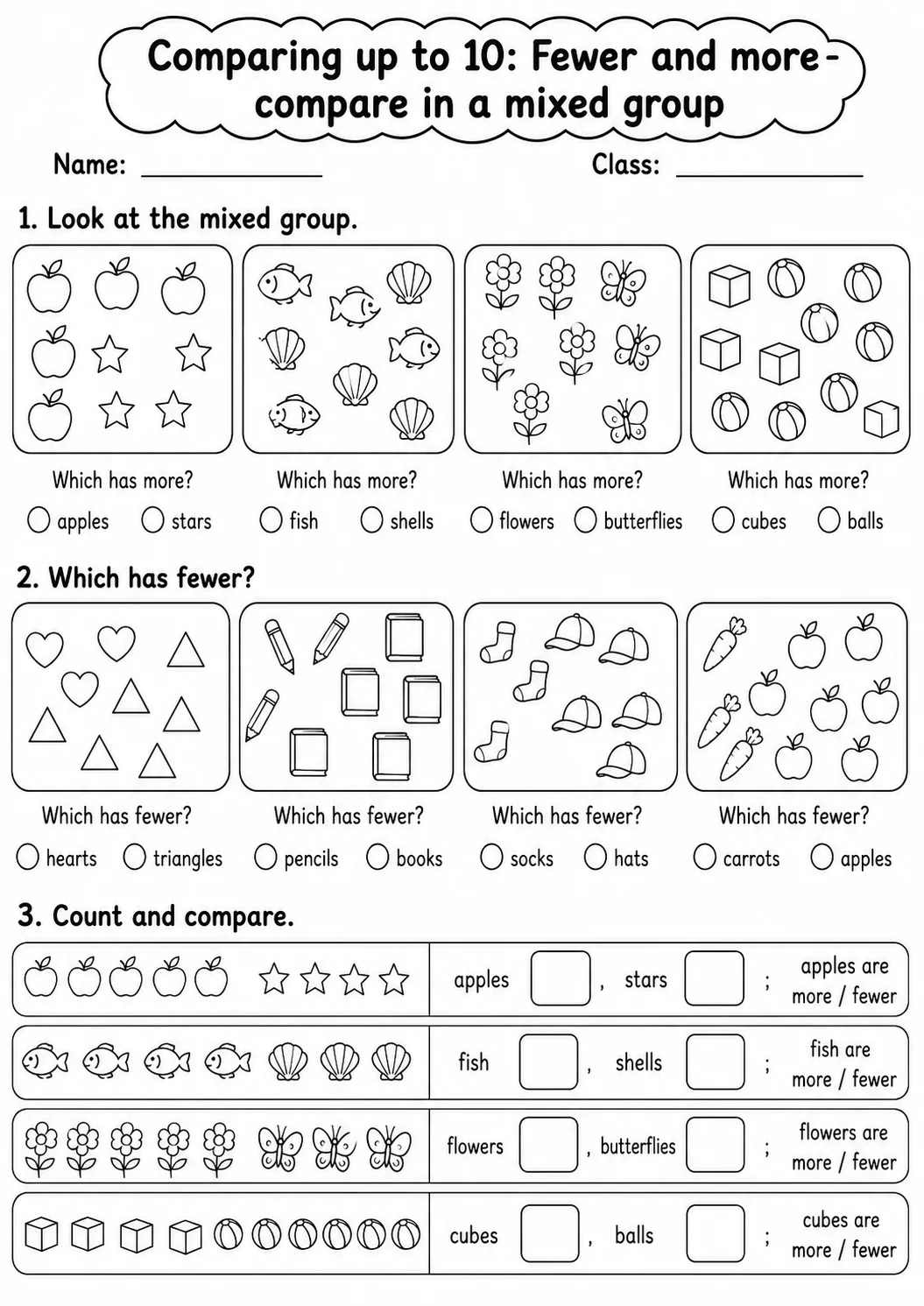 Kindergarten Comparing up to 10 Math Worksheet Pack page 7 printable worksheet preview