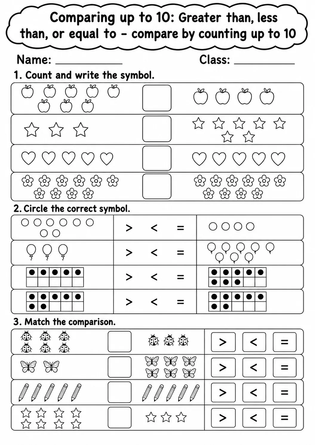 Kindergarten Comparing up to 10 Math Worksheet Pack page 8 printable worksheet preview