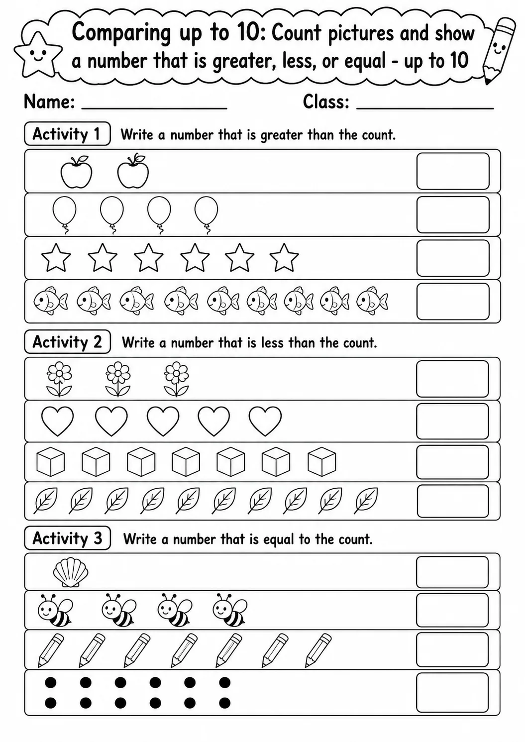 Kindergarten Comparing up to 10 Math Worksheet Pack page 13 printable worksheet preview
