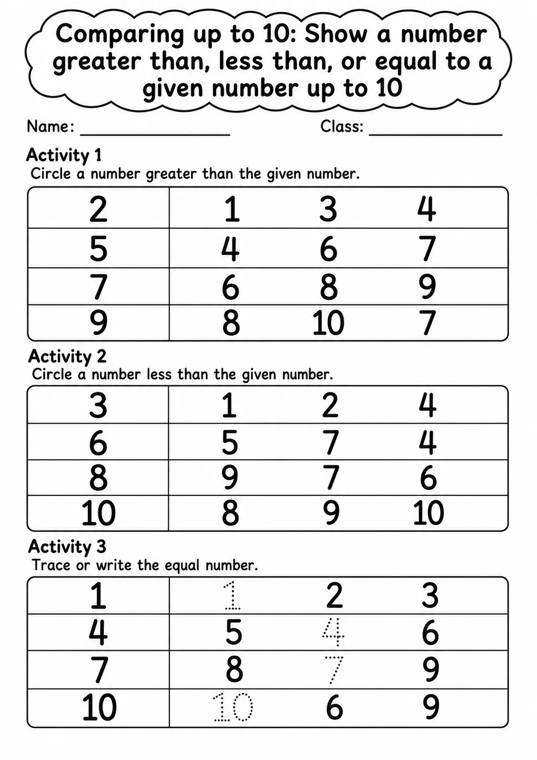 Kindergarten Comparing up to 10 Math Worksheet Pack page 14 printable worksheet preview
