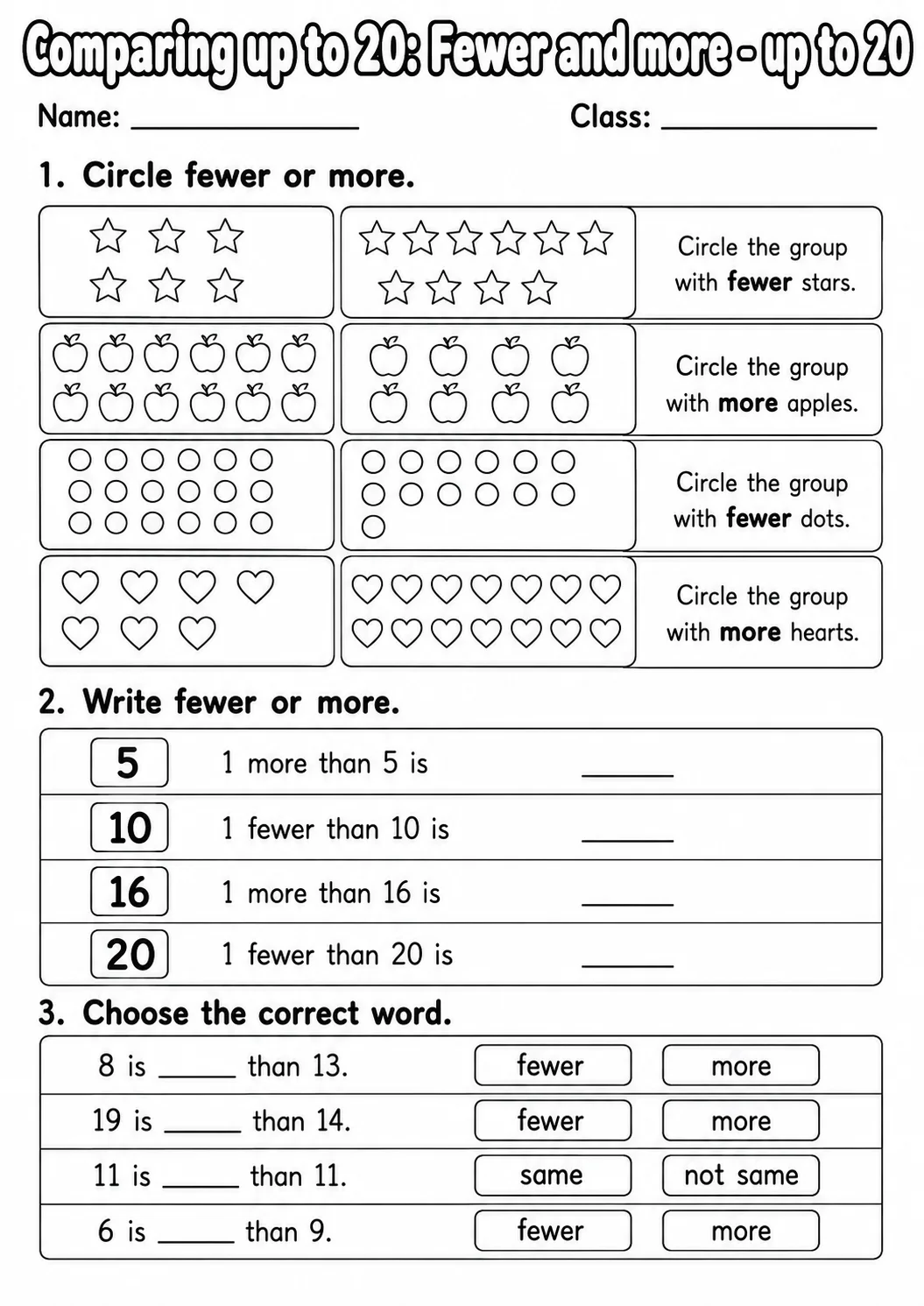Kindergarten Comparing up to 20 Math Worksheet Pack printable worksheet pack preview