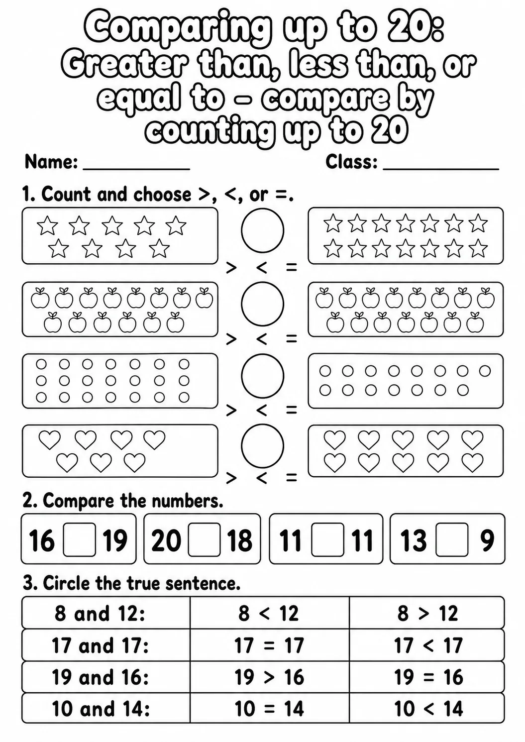 Kindergarten Comparing up to 20 Math Worksheet Pack page 2 printable worksheet preview