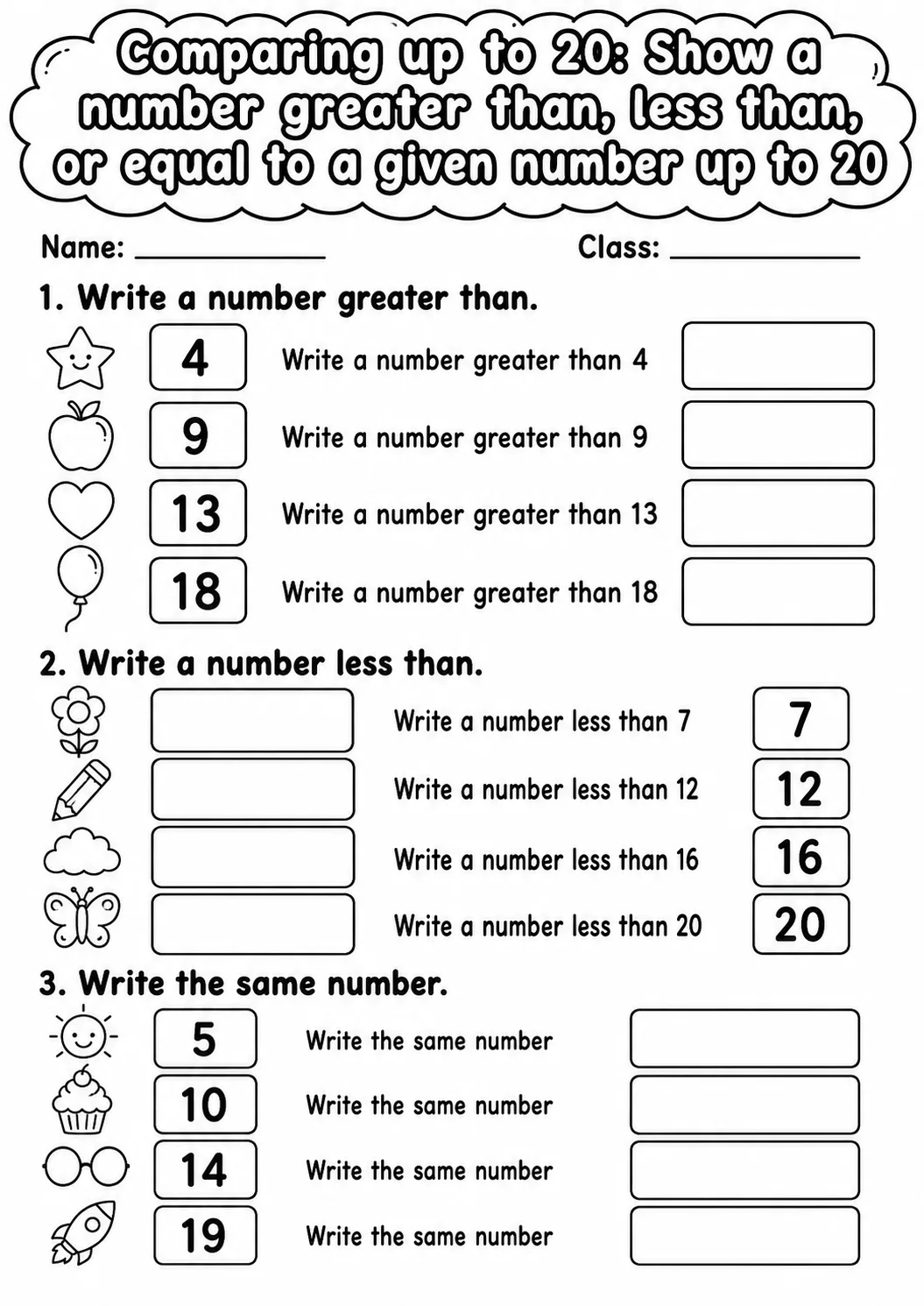 Kindergarten Comparing up to 20 Math Worksheet Pack page 3 printable worksheet preview