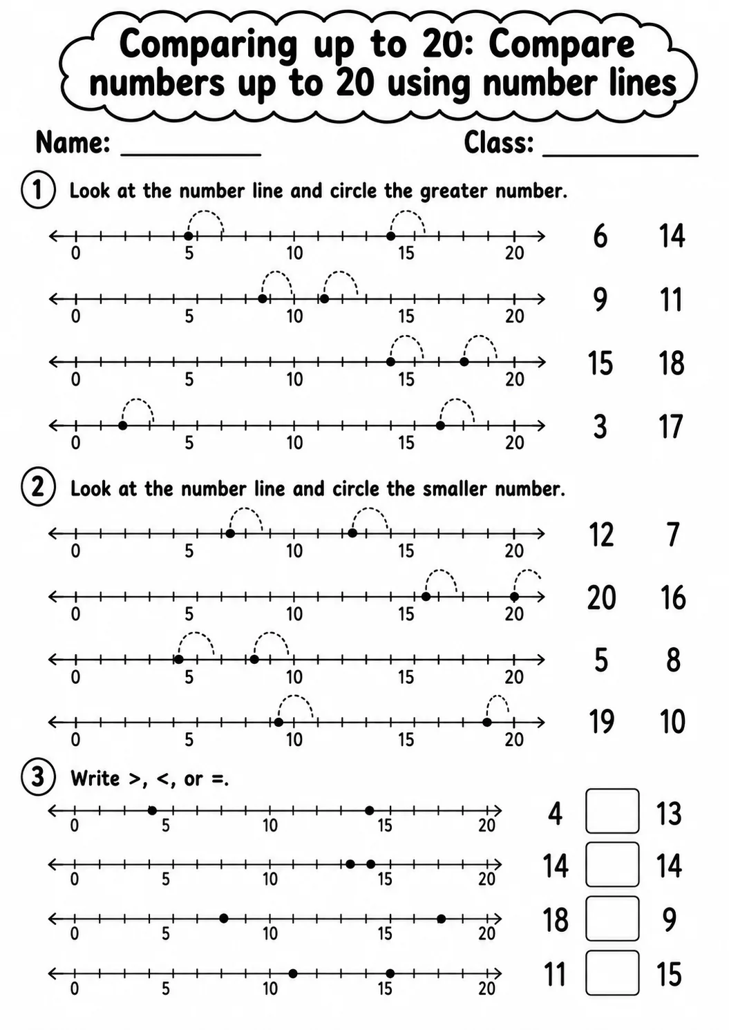 Kindergarten Comparing up to 20 Math Worksheet Pack page 4 printable worksheet preview